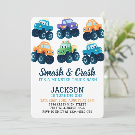モンスタートラックカラフルボーイズ誕生日写真 招待状 (スタンド正面)