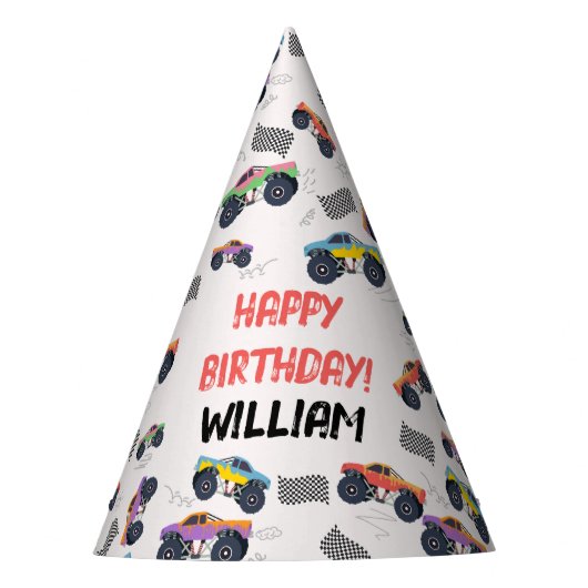 モンスタートラックカラフルレース子供の誕生日パーティー パーティーハット (正面)