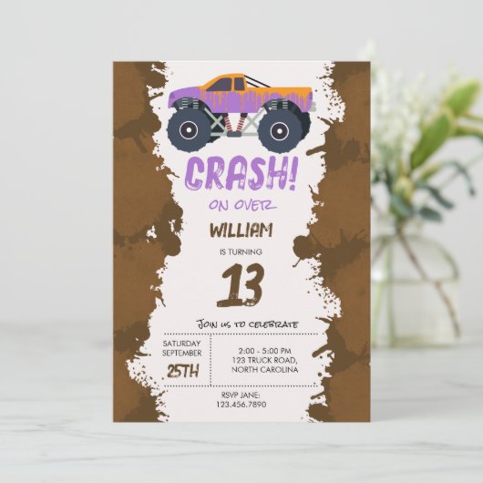 モンスタートラックカラフルレース子供の誕生日パーティー 招待状 (スタンド正面)