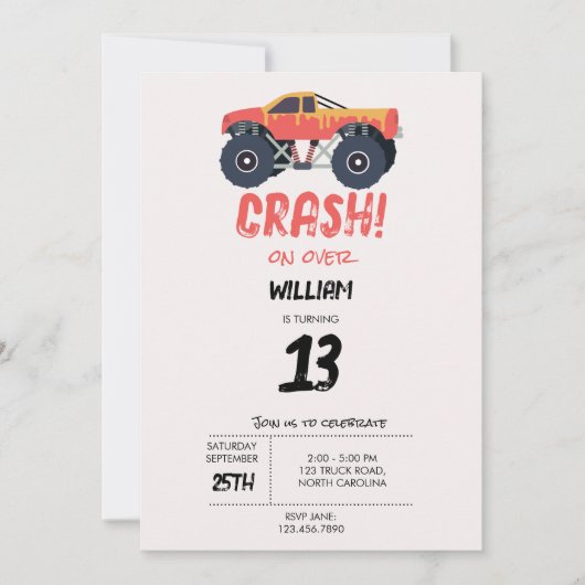 モンスタートラックカラフルレース子供の誕生日パーティー 招待状 (正面)