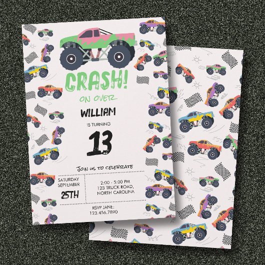 モンスタートラックカラフルレース子供の誕生日パーティー 招待状