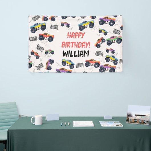 モンスタートラックカラフルレース子供の誕生日パーティー 横断幕 (トレードショー)