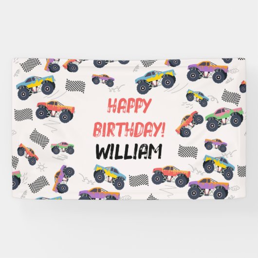 モンスタートラックカラフルレース子供の誕生日パーティー 横断幕 (横)
