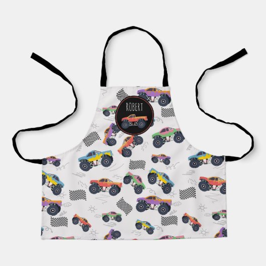 モンスタートラックカラフルーレーシングキッズ名前をカスタムする エプロン (正面)