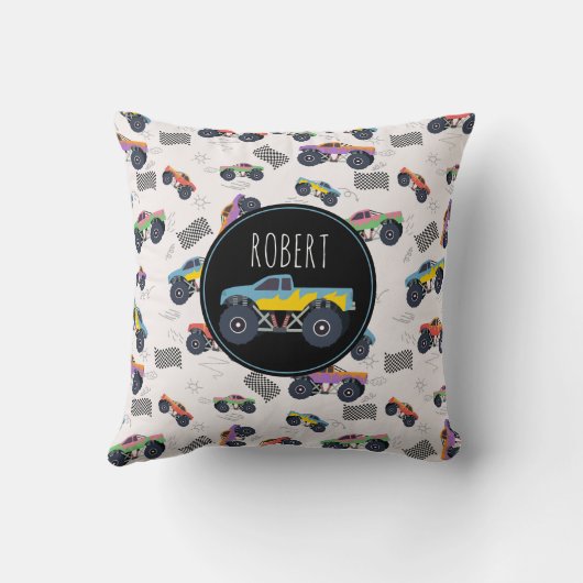モンスタートラックカラフルーレーシングキッズ名前をカスタムする クッション (裏面)