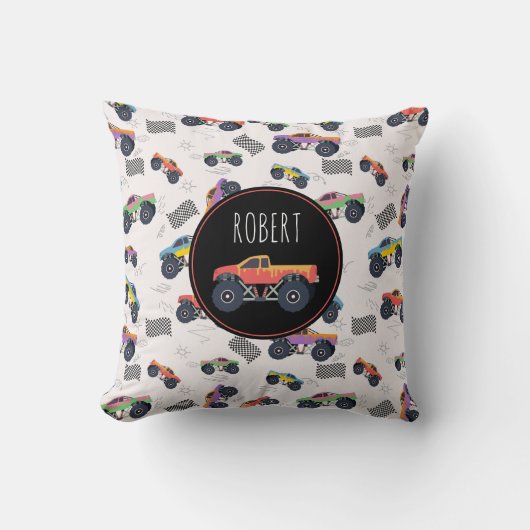 モンスタートラックカラフルーレーシングキッズ名前をカスタムする クッション (正面)