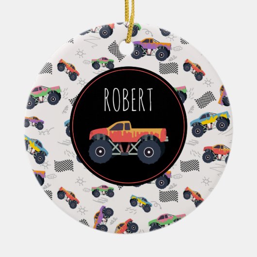 モンスタートラックカラフルーレーシングキッズ名前をカスタムする セラミックオーナメント (正面)