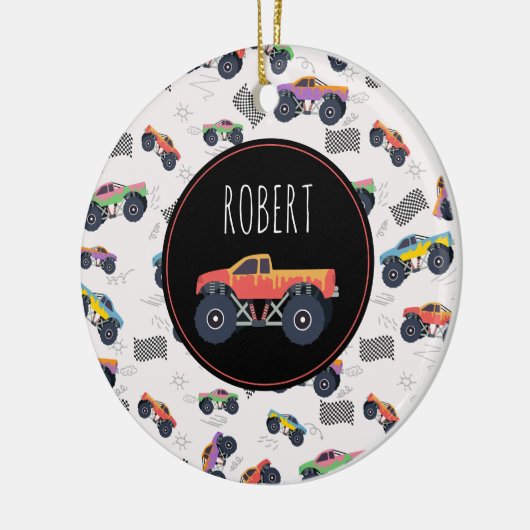 モンスタートラックカラフルーレーシングキッズ名前をカスタムする セラミックオーナメント (左)