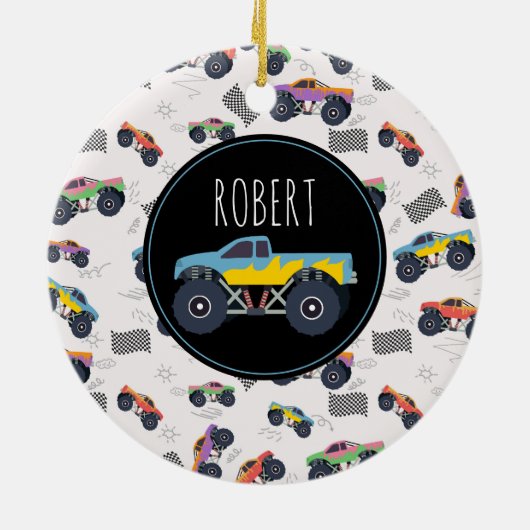 モンスタートラックカラフルーレーシングキッズ名前をカスタムする セラミックオーナメント (裏面)