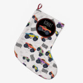 モンスタートラックカラフルーレーシングキッズ名前をカスタムする ラージクリスマスストッキング (正面 (吊り時))