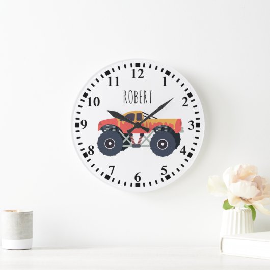 モンスタートラックカラフルーレーシングキッズ名前をカスタムする ラージ壁時計 (ホーム)