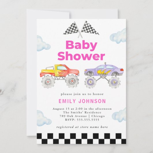 モンスタートラックガールベビーシャワー招待状 招待状 (正面)