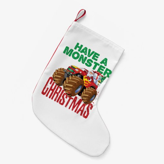 モンスタートラッククリスマスサンタクロース少年たち幼児 スモールクリスマスストッキング (正面 (吊り時))