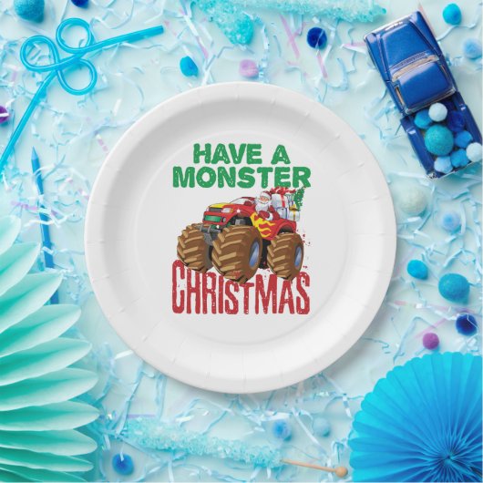 モンスタートラッククリスマスサンタクロース少年たち幼児 ペーパープレート (パーティー)