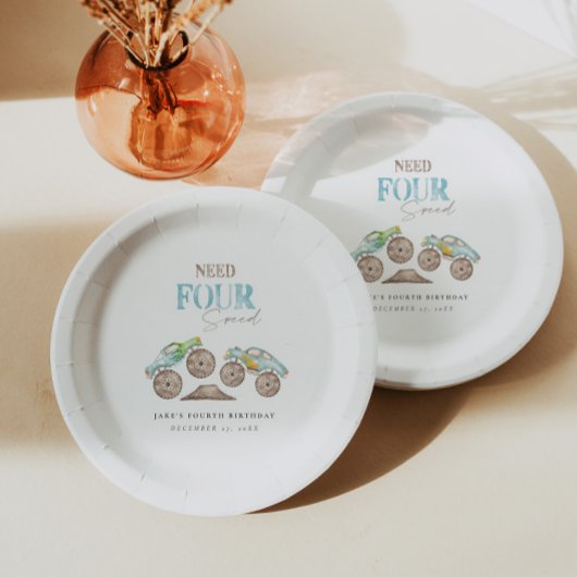 モンスタートラックグリーンブルー誕生日紙プレート ペーパープレート