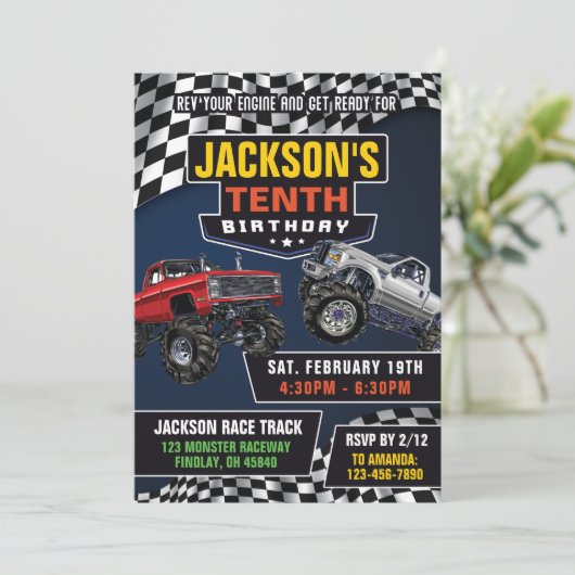 モンスタートラックジャム写真誕生日パーティー、任意の年齢 招待状 (スタンド正面)