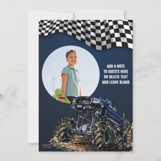 モンスタートラックジャム写真誕生日パーティー、任意の年齢 招待状 (裏面)