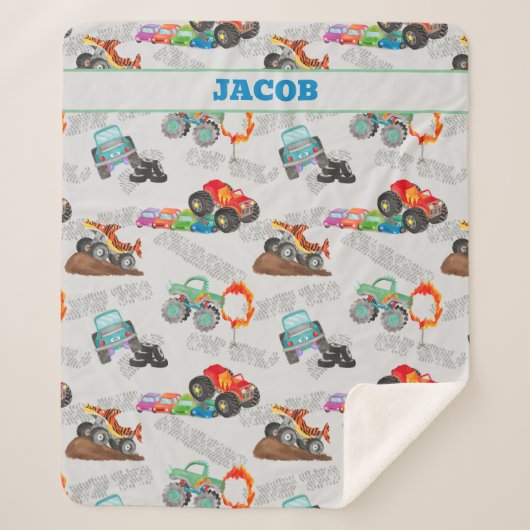 モンスタートラックジャム水の色カーキッズ シェルパブランケット (正面)