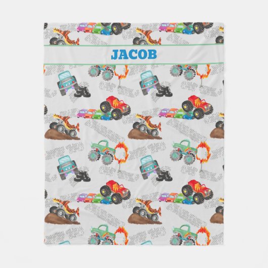 モンスタートラックジャム水の色カーキッズ フリースブランケット (正面)