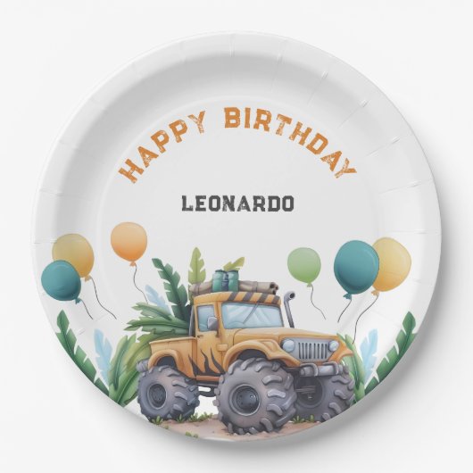 モンスタートラックジャングルサファリハッピーバースデー ペーパープレート (正面)