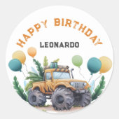 モンスタートラックジャングルサファリハッピーバースデー ラウンドシール (正面)