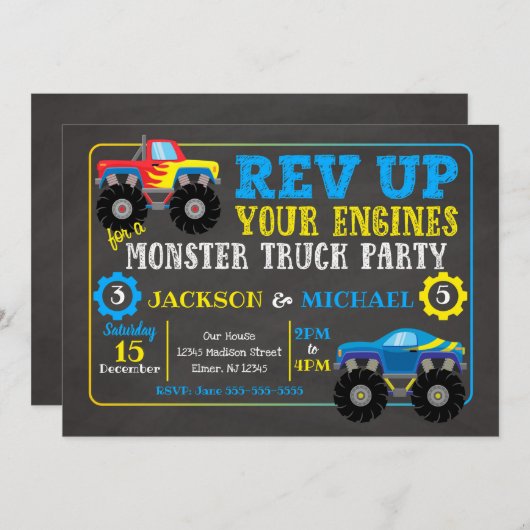 モンスタートラックジョイント誕生日招待状 招待状 (正面/裏面)