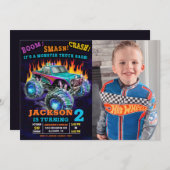 モンスタートラックスマッシュクラッシュボーイ誕生日写真 招待状 (正面/裏面)