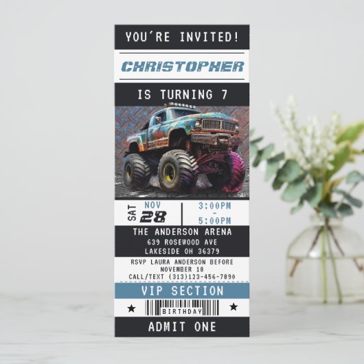 モンスタートラックチケットボーイズ誕生日パーティー 招待状 (スタンド正面)
