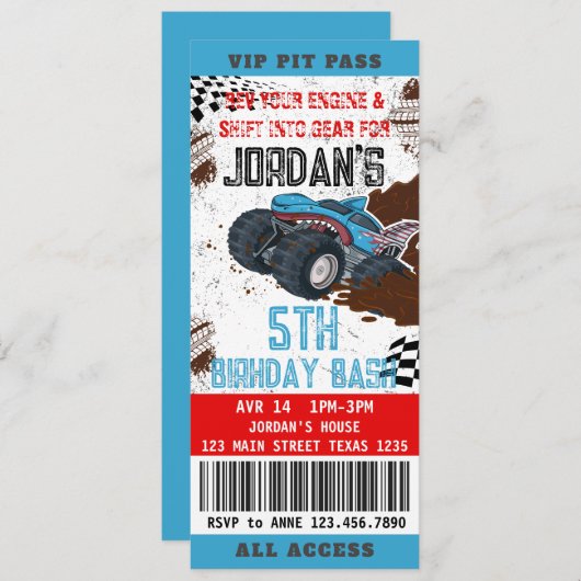 モンスタートラックチケット誕生日パーティーの招待 招待状 (正面/裏面)