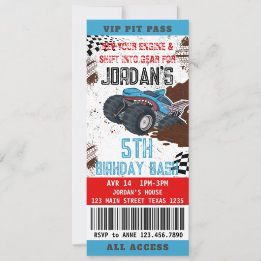 モンスタートラックチケット誕生日パーティーの招待 招待状 (正面)