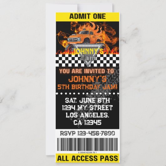 モンスタートラックチケット誕生日招待状オレンジ 招待状 (正面)