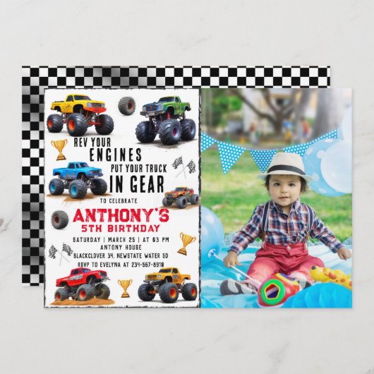 モンスタートラックチーム誕生日パーティーと写真 招待状 (正面/裏面)