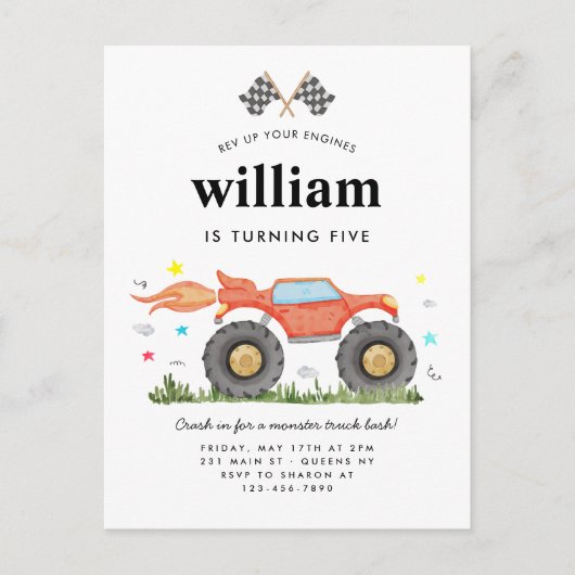 モンスタートラックバッシュカーレースフラグ子供の誕生日 ポストカード (正面)
