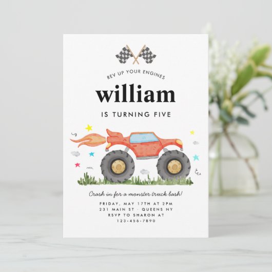 モンスタートラックバッシュカーレースフラグ子供の誕生日 招待状 (スタンド正面)