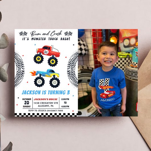 モンスタートラックバッシュボーイ誕生日写真招待状 招待状