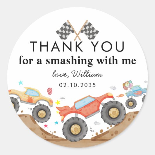 モンスタートラックバッシュレース子供の誕生日ありがとう ラウンドシール (正面)