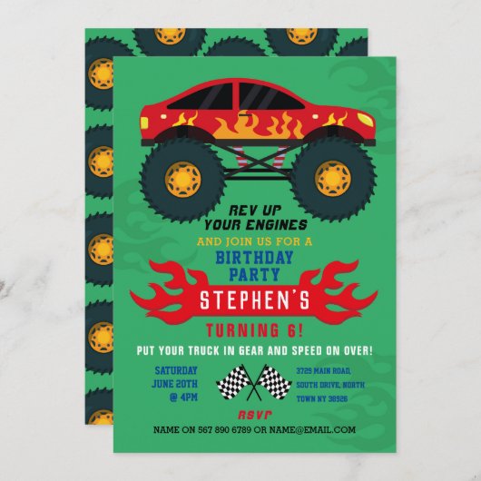 モンスタートラックバースデーパーティーフレイムビッグ招待状 招待状 (正面/裏面)