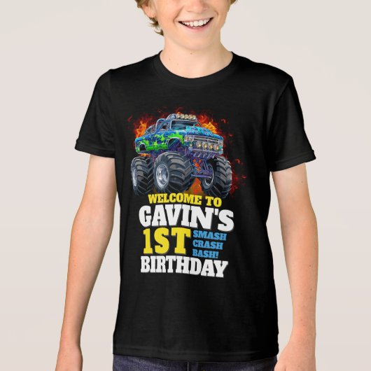 モンスタートラックパーソナライズされたバースデーパーティー トライブレンドＴシャツ (正面)