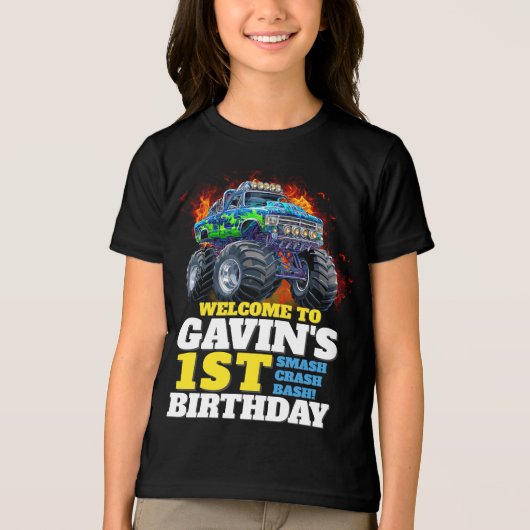 モンスタートラックパーソナライズされたバースデーパーティー トライブレンドＴシャツ (正面)