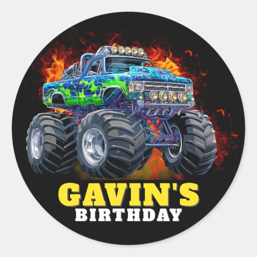 モンスタートラックパーソナライズされたバースデーパーティー ラウンドシール (正面)