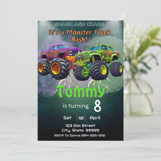 モンスタートラックパーソナライズされたバースデーパーティー 招待状 (スタンド正面)