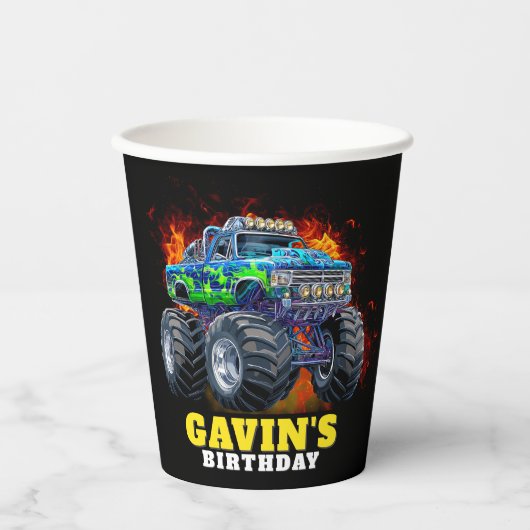 モンスタートラックパーソナライズされたバースデーパーティー 紙コップ (正面)