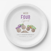 モンスタートラックパープルグリーン誕生日紙プレート ペーパープレート (正面)