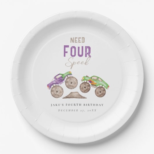 モンスタートラックパープルグリーン誕生日紙プレート ペーパープレート (正面)