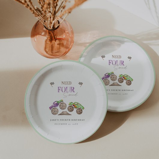 モンスタートラックパープルグリーン誕生日紙プレート ペーパープレート