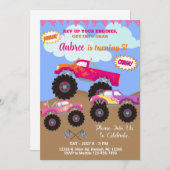 モンスタートラックピンクの女の子の誕生日の招待。 招待状 (正面/裏面)
