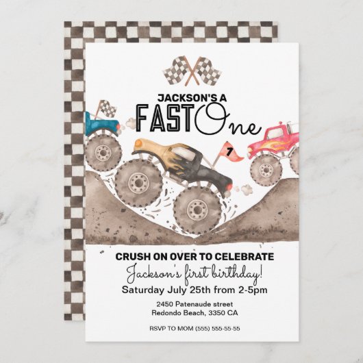 モンスタートラックファーストワン誕生日招待状 招待状 (正面/裏面)
