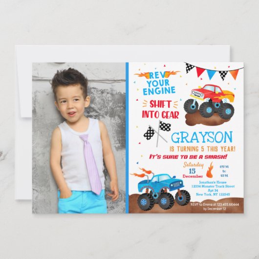モンスタートラックフォトバースデーパーティ招待状 招待状 (正面)