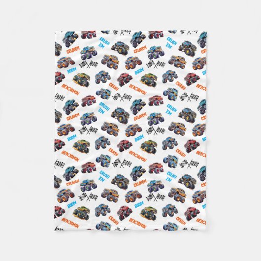 モンスタートラックブームクランチクラッシュクラッシュクラッシュクラッシュボーイズネーム フリースブランケット (正面)