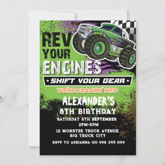 モンスタートラックボーイグリーン招待状 招待状 (正面)
